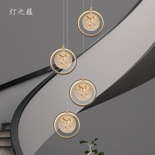 新中式楼梯吊灯现代中式2023新款中国风别墅公寓复式楼全铜长吊灯