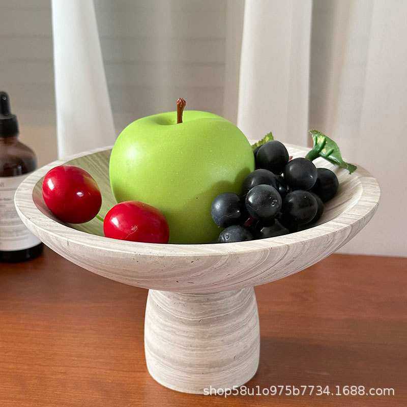 新款中古风天然大理石果盘别墅样板房大理石摆件客厅餐桌干果盘