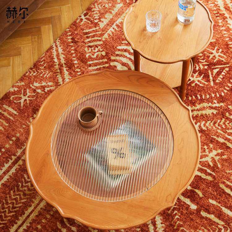 中古茶几北欧实木家用日式小户型沙发圆边几樱桃木客厅小茶桌复古