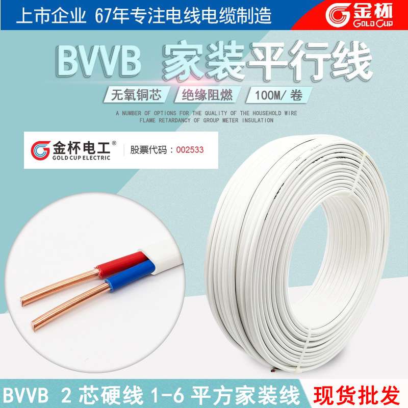 金杯电线BVVB2芯1.0/1.5/2.5/4/6平方护套线家用双铜芯明装平行线