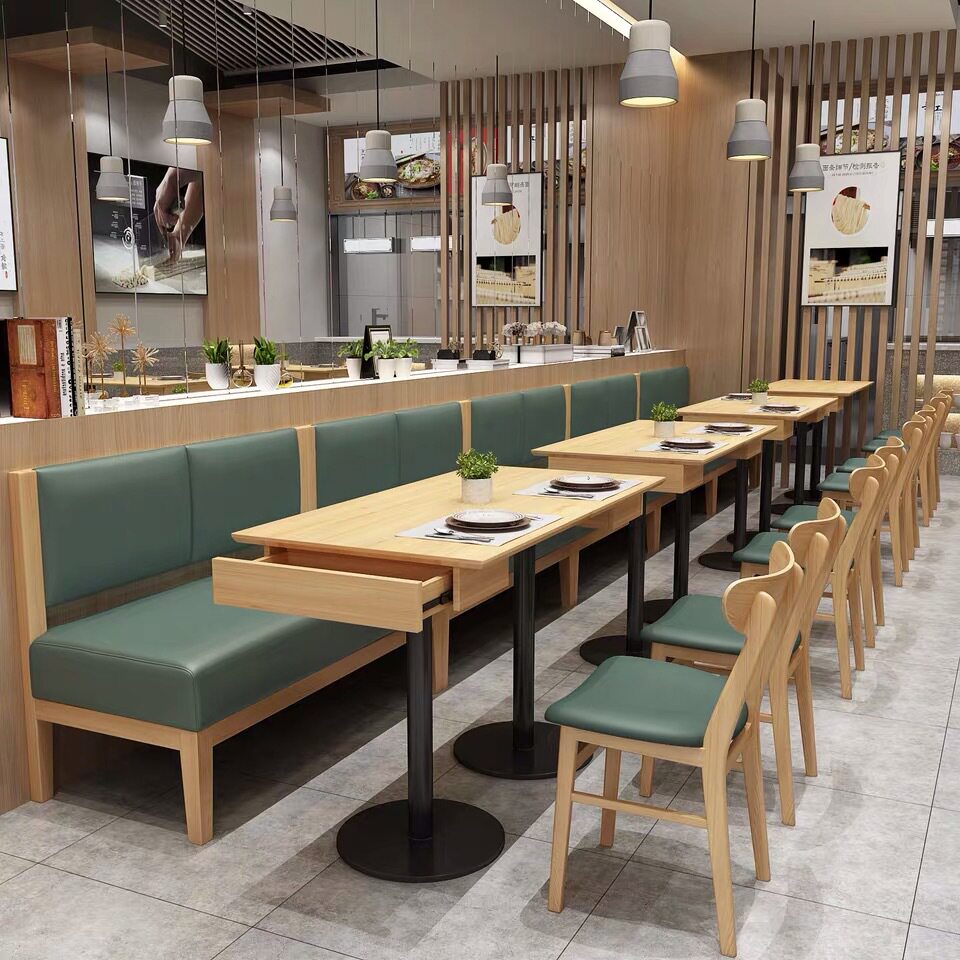 卡座沙发饭店咖啡厅桌椅餐厅餐桌组合面馆商用奶茶店实木坐垫靠墙