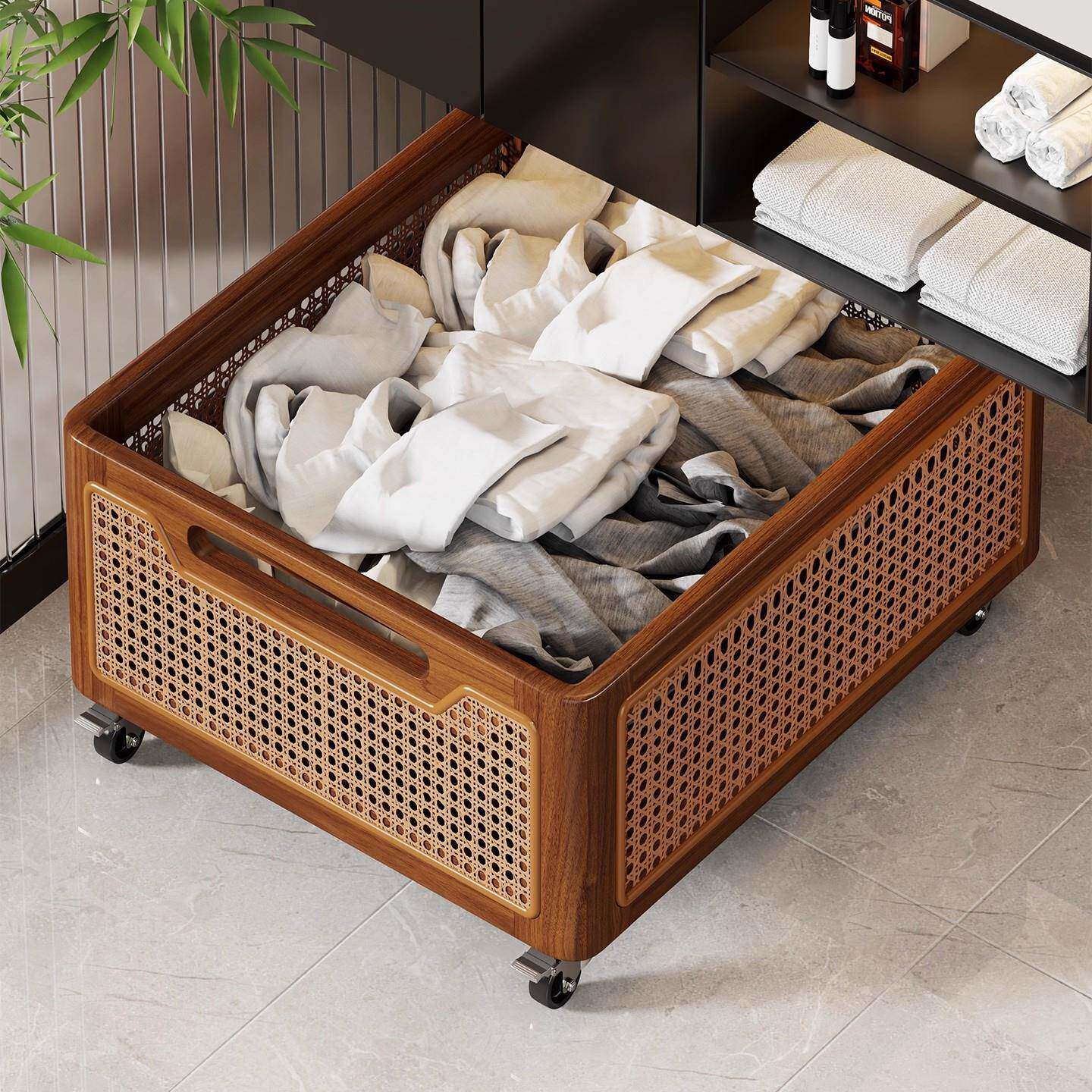 实木脏衣篮可移动洗漱台收纳筐带轮小推车浴室柜下置物架洗衣篮子