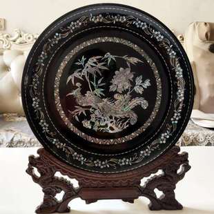 漆器贝壳镶嵌螺钿餐盘家用大碟漆盘手工制家居果盘茶杯托圆盘摆件