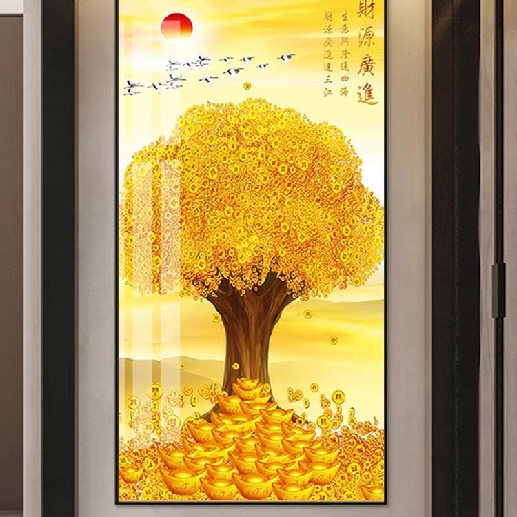 新中式发财树入户门玄关装饰画客厅招财走廊过道满地黄金墙壁挂画