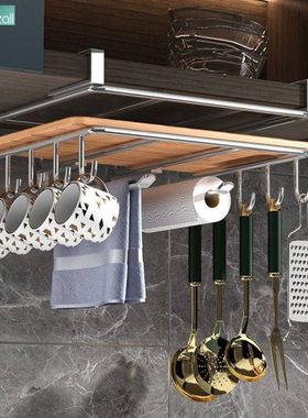 厨房吊柜下置物架悬挂式多功能厨房挂钩免打孔锅盖架橱柜下挂龙全