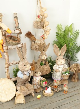 影楼摄影实景儿童道具田园草编兔子装饰手工稻草可爱家居饰品摆件