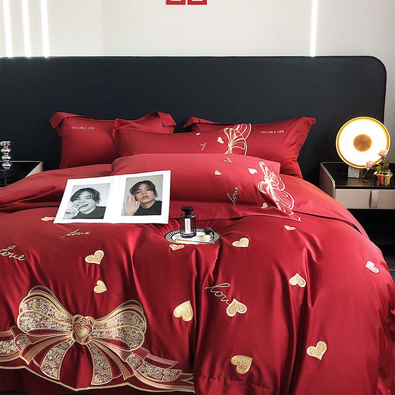 新婚雅婚庆四件套全棉 100支高端提花蝴蝶结红色被套结婚床上用品