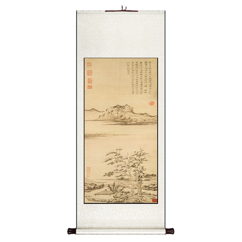 倪瓒秋亭嘉树图中式卷轴挂画餐厅书房装饰画玄关客厅过道山水国画