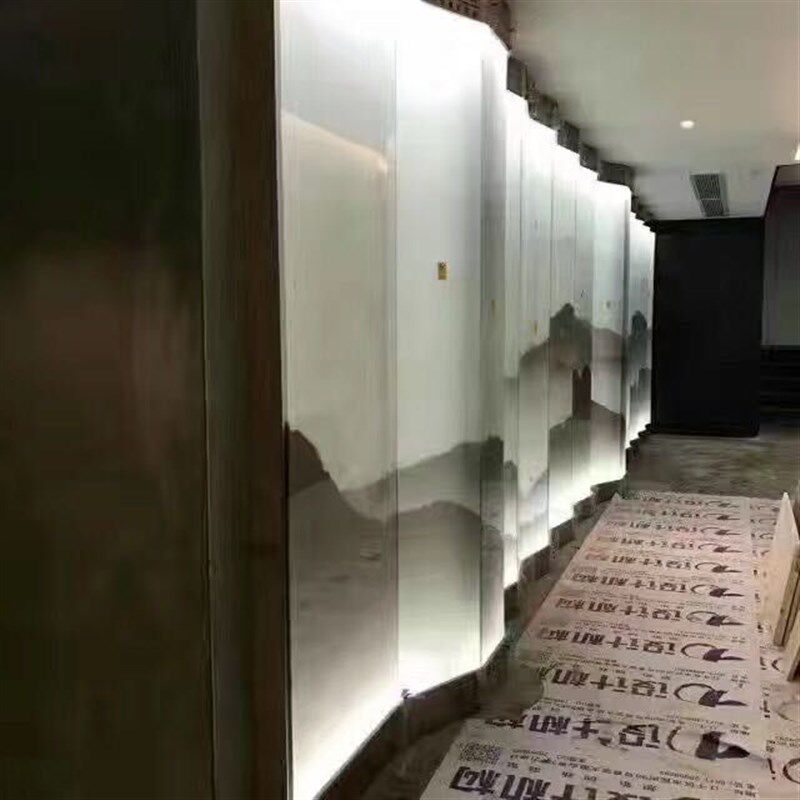 定做超白隔断玄关屏风夹胶艺术玻璃夹丝钢化夹画夹娟工艺连绵山水