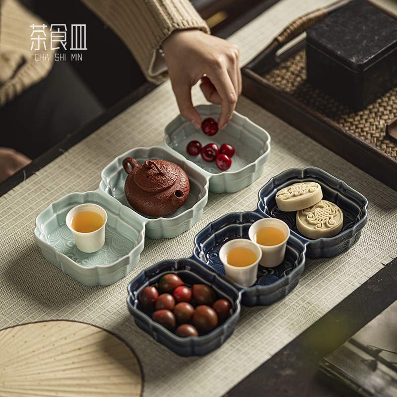 中式复古茶点盘家用陶瓷果盘精致糕点盘宋代点心盘餐具零食小吃盘