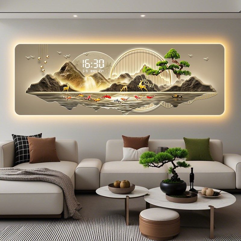 日照金山客厅装饰画轻奢高级感带钟表沙发背景墙挂画创意时钟壁灯,家居饰品,现代装饰画,淘宝优惠券,粉丝福利购,淘宝优惠卷