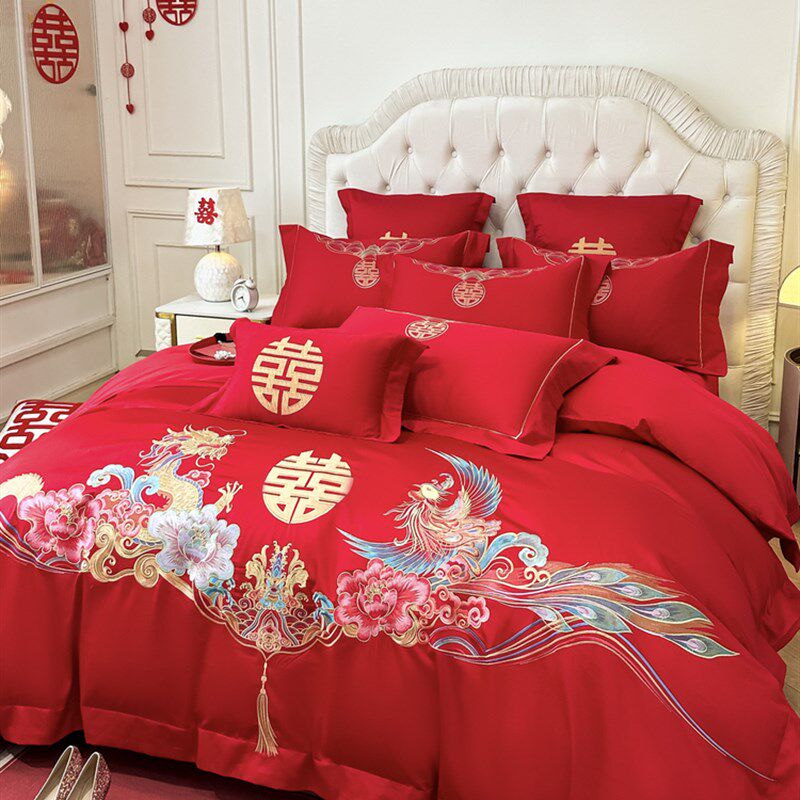 高档中式龙凤刺绣四结婚四件套大红色新婚房被套床单婚庆床上用品