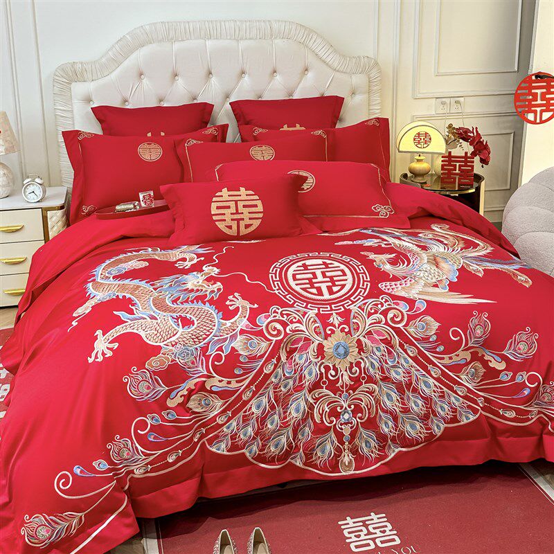 高档龙凤刺绣结婚四件套大红色新婚陪嫁被套纯棉婚庆床上用品婚房