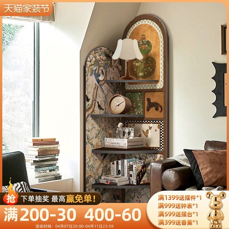 中古风落地摆件客厅电视柜旁边转角柜复古置物架多层收纳柜三角柜,家居饰品,落地摆件,淘宝优惠券,粉丝福利购,淘宝优惠卷