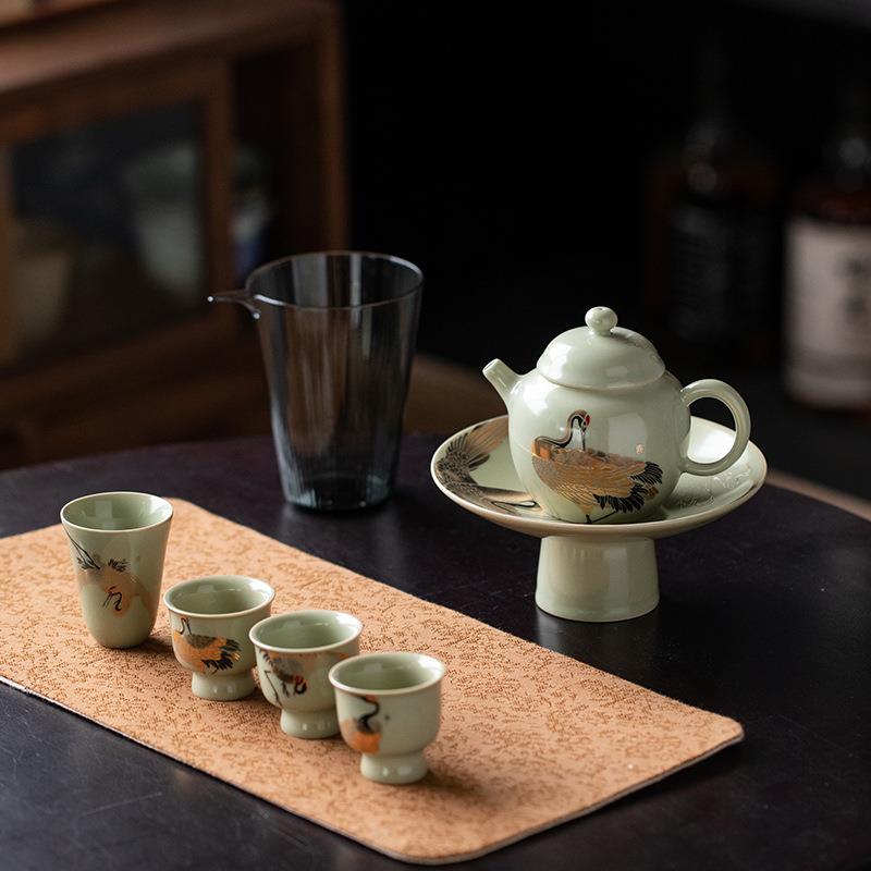 山鼎鹤舞神州一壶四杯茶具套装家用陶瓷果盘玻璃公杯小套组商务礼