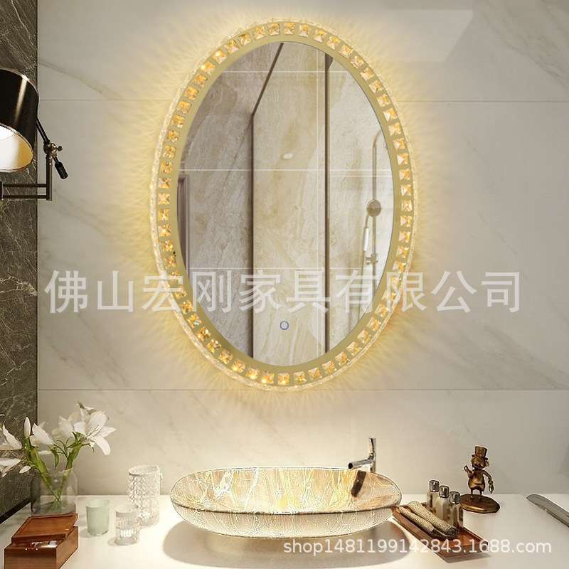 新款理发店镜子挂墙镜子带灯水晶剪发烫染镜发廊专用美发镜台单面