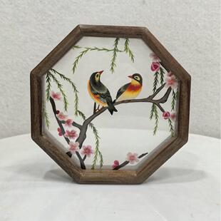 湘绣摆件纯手工绣长沙刺绣成品八角摆台双面绣花台桌面摆件胡桃木