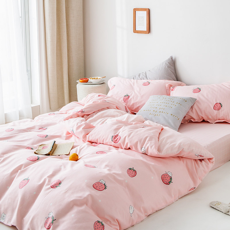 定制粉色草莓少女纯棉床单床笠被套学生1.5m1.8米席梦思四件套,床上用品,床单,淘宝优惠券,粉丝福利购,淘宝优惠卷
