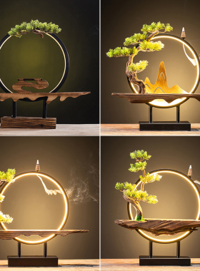 新中式禅意摆件底座风化实木家居摆件客厅办公室玄关书房铁艺灯圈