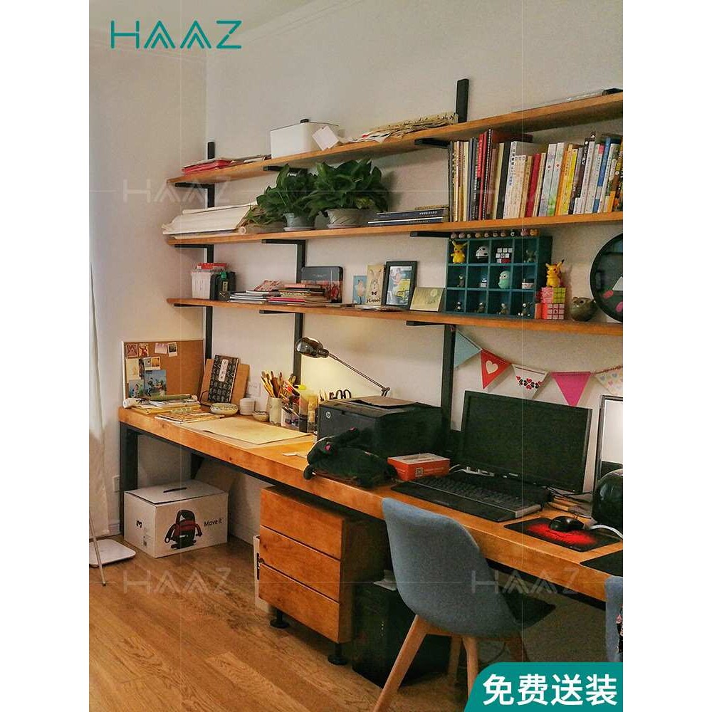 美式loft书房办公室家具套装实木工作台电脑书桌书架组合一体家用