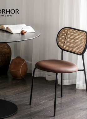 北欧表情NORHOR/中古风/TOBE手工藤编金属皮面软包金属靠背餐椅K
