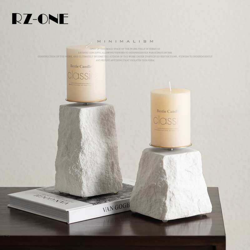 匠十三 现代样板间餐厅餐桌复古石头蜡烛烛台摆件轻奢摆件