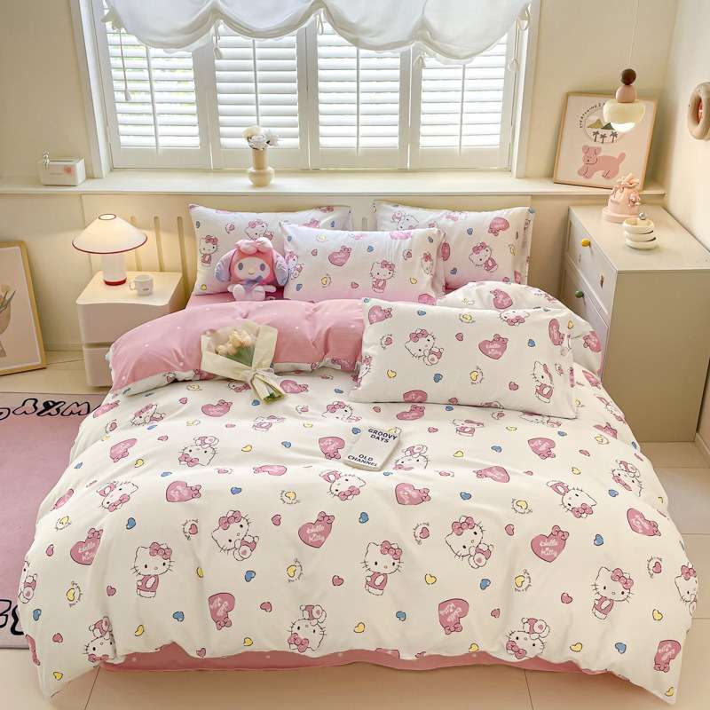 HelloKitty库洛米水洗棉四件套三丽鸥磨毛床单被套床笠学生三件套