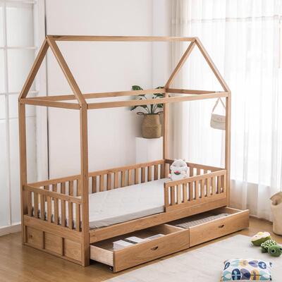树屋儿童床1米白橡木全实木孩子床带护栏宝宝床森林小屋床带抽屉2