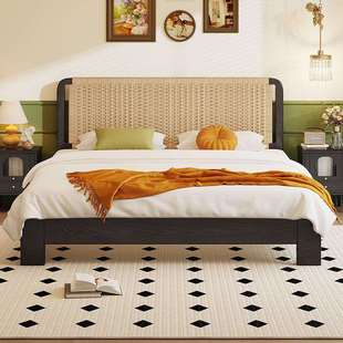 黑色家用1米5的床加床垫双人床高端主卧大床复古榫卯结构全实木床