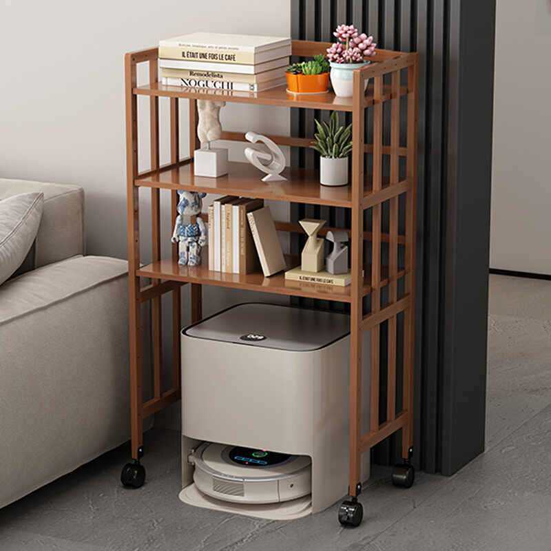 新款扫地机器人落地多层置物架带轮子收纳架拖地机架实木家用客厅