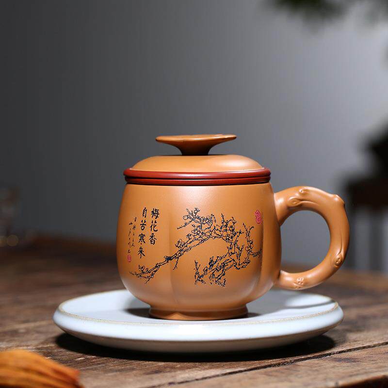 紫砂盖杯茶具原矿黄段泥梅花办公杯套组茶漏过滤三件套茶杯子厂家