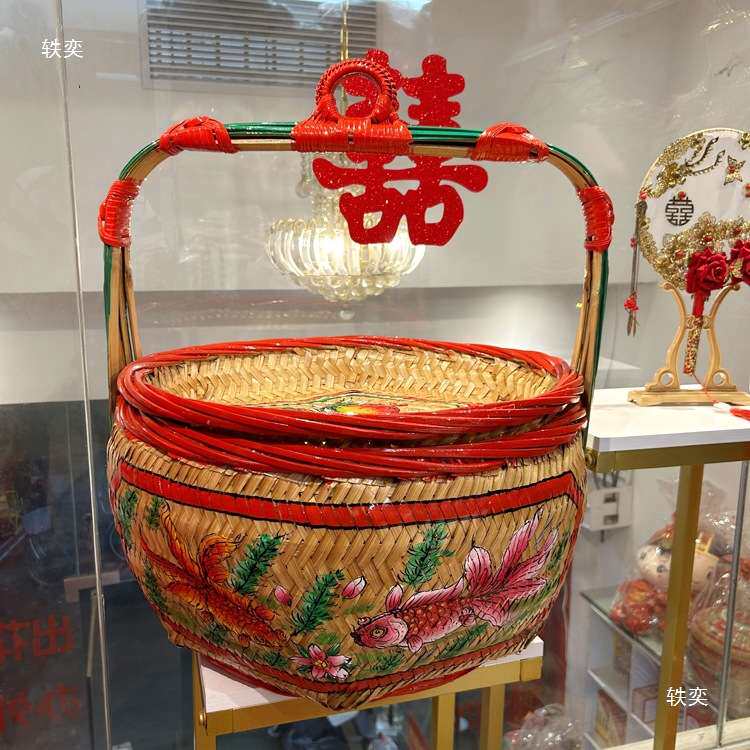 潮汕纯手工彩绘竹篮婚嫁花篮竹编篮子收纳蓝储物篮传统竹艺摆件