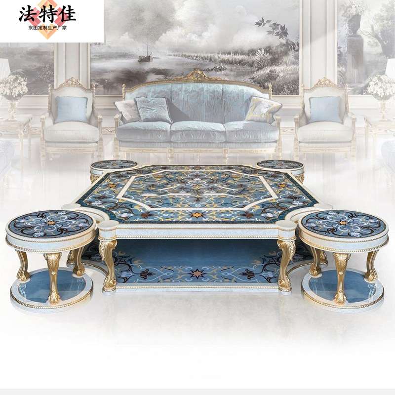 欧式实木雕花镶贝壳彩绘工艺茶几圆几组合客厅整套家具