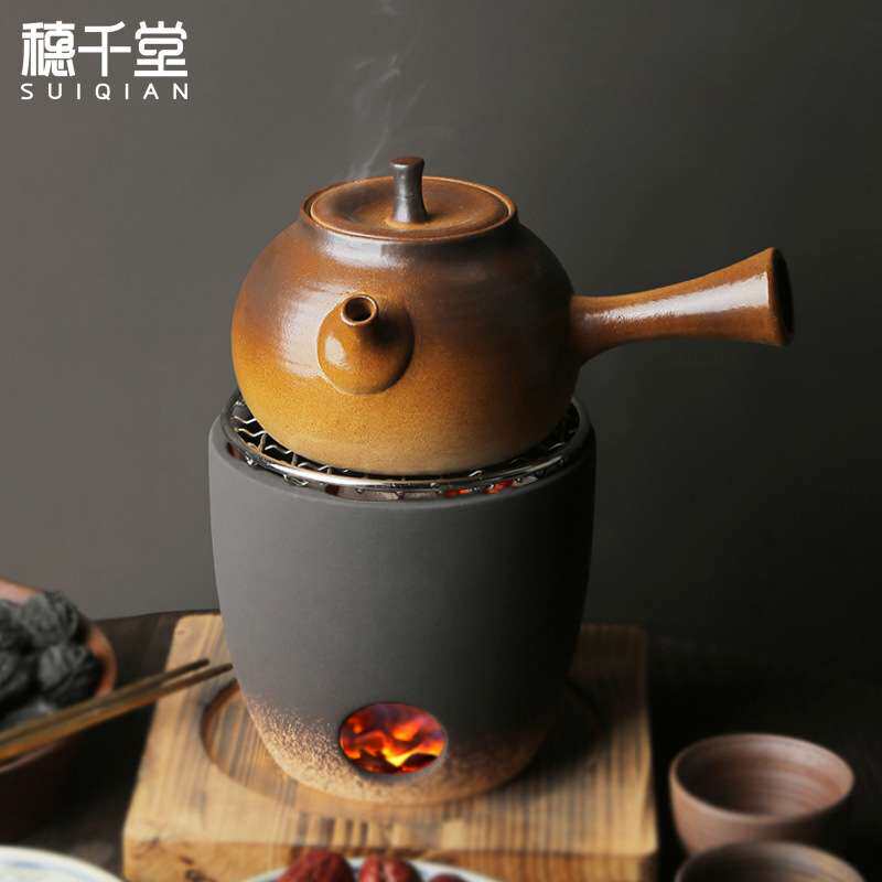 穗千堂日式陶壶复古功夫煮茶壶老沿泥侧把砂铫壶电陶炉烧茶煮水壶