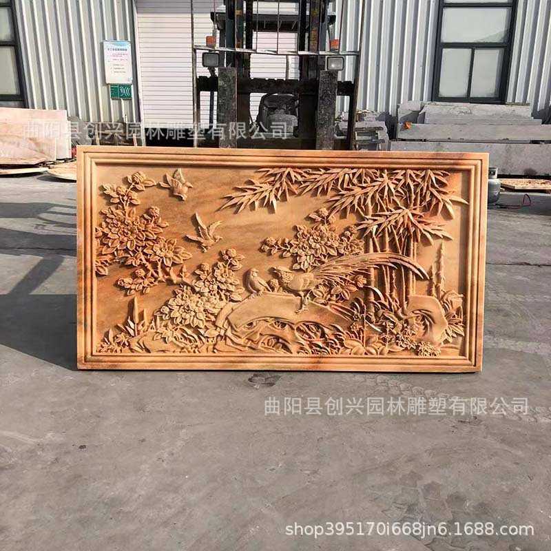 石雕浮雕壁画庭院地雕晚霞红影壁墙竹报平安背景墙玄关花开富贵