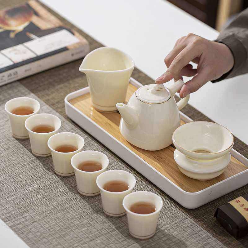 德化羊脂玉茶具套装礼品家用陶瓷描金盖碗简约茶壶功夫茶套组
