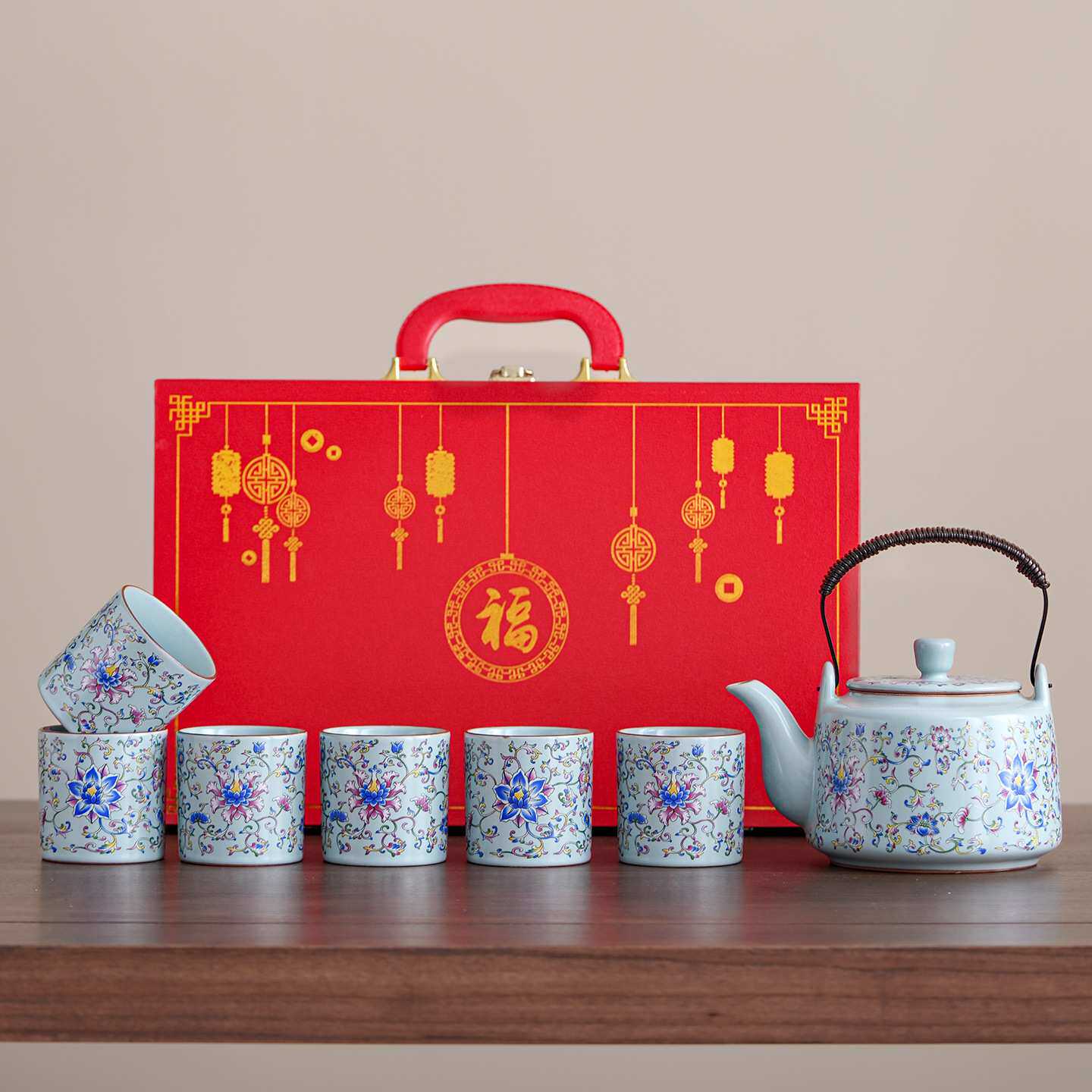 陶瓷茶具套装1升耐高温水壶泡茶壶七件套缠枝莲花草茶具中式家用
