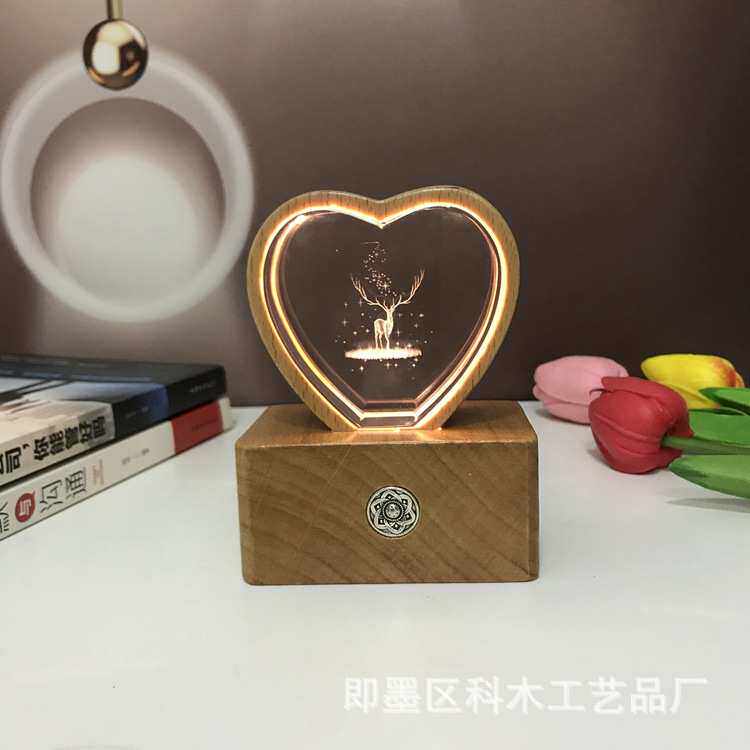 创意礼物送女生七夕节情人节发光水晶灯床头灯3d小夜灯旋转音乐盒
