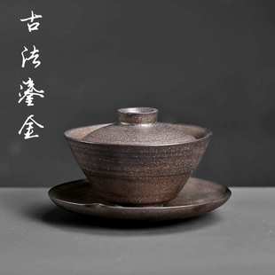 日式粗陶鎏金盖碗陶瓷大号杯盖茶碗三才茶杯碗泡茶奉茶器功夫茶具