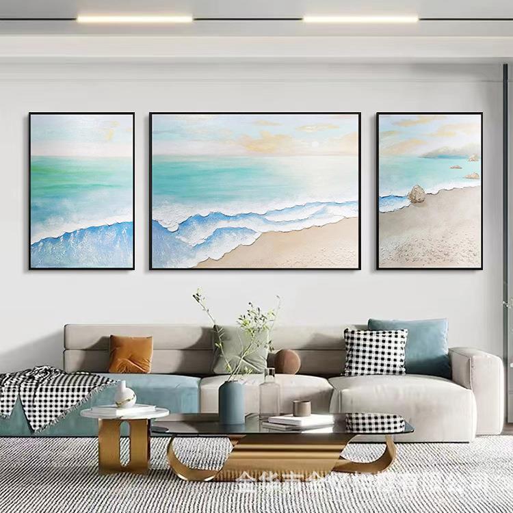 纯手绘客厅沙发背景三联海景浪花装饰画高档大气挂画立体肌理油画