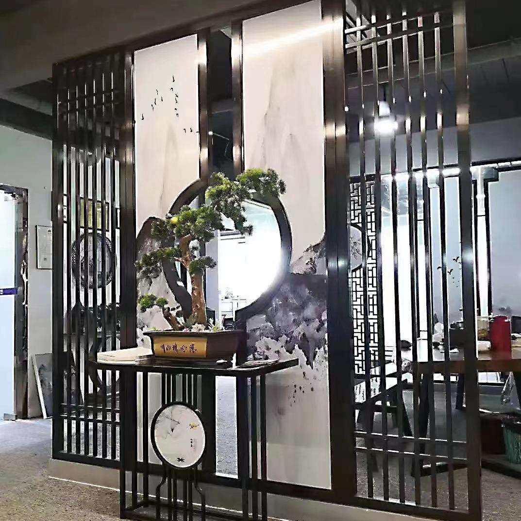 新中式客厅入户玄关遮挡禅意办公室隔断墙茶室不锈钢古风屏风隔断
