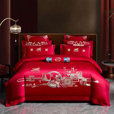 高档全棉纯棉婚庆床上四件套大红色龙凤刺绣花新结婚喜被床品喜庆