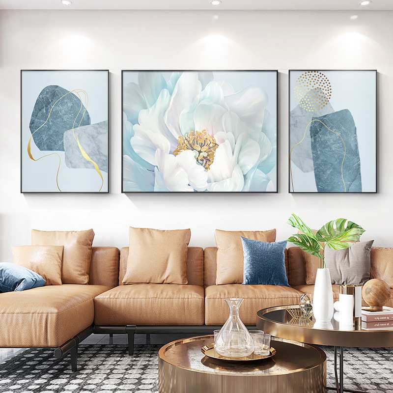 现代简约花卉客厅装饰画北欧风沙发背景墙三联壁画莫兰迪色系挂画