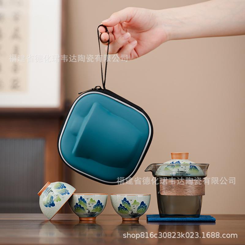 玻璃盖碗茶杯大号不烫手便携式户外旅行茶具小套装一壶三杯快客杯