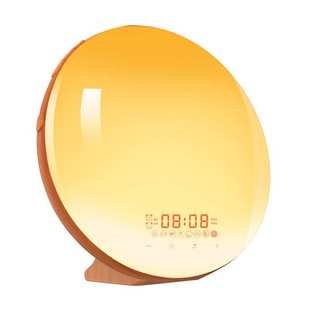 环保木纹LED闹钟唤醒灯 模拟日出日落起床伴睡氛围小夜灯FM收音机