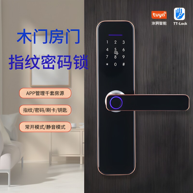 巴西高端木门指纹密码锁家用出租房间门锁公寓通通锁版密码智能锁