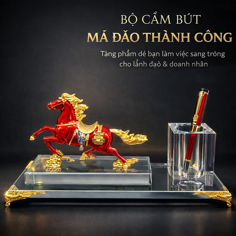 马到成功马年办公桌摆件水晶笔筒商务文体用品轻奢高级大气质感桌