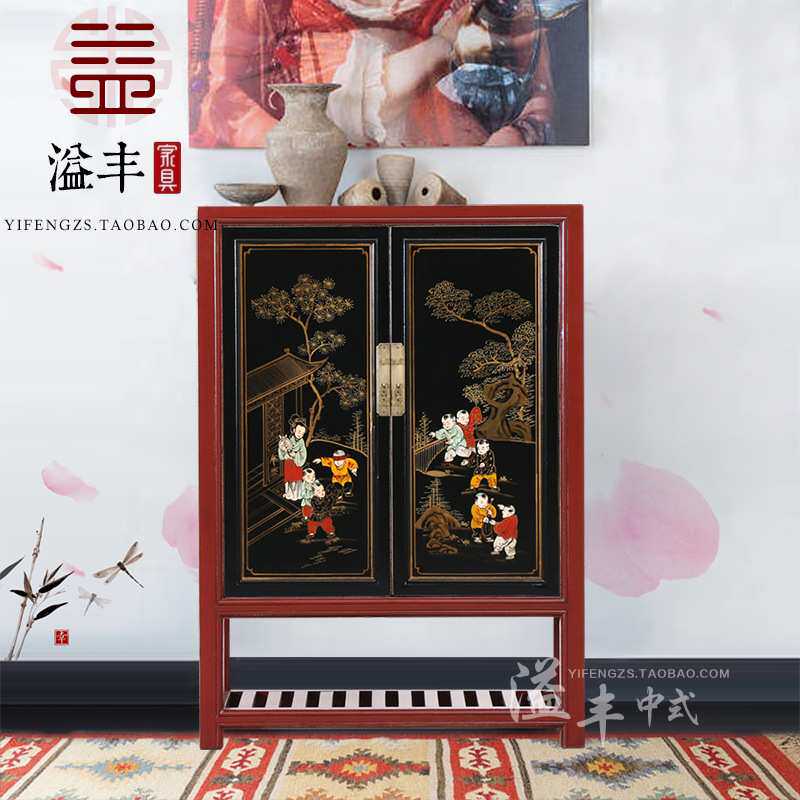 现代新中式仿古实木彩绘入门鞋柜鞋架简约手绘门厅酒柜隔断玄关柜