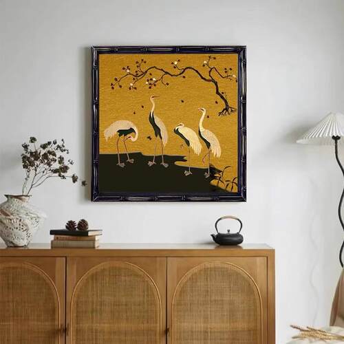 中古风仙鹤客厅装饰画复古中国风轻法式黑色竹节外框小众艺术壁画