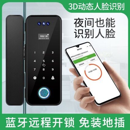 3D人脸识别锁推拉门玻璃门指纹密码远程单门双开门锁玻璃门专用
